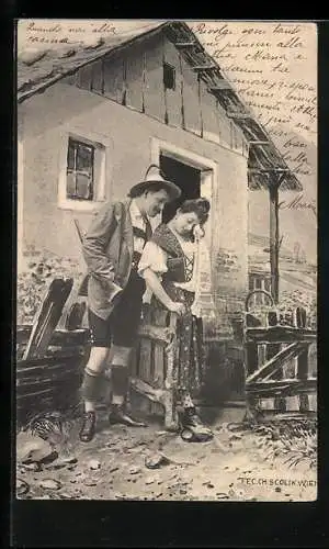 Künstler-AK Charles Scolik: Jäger tröstet seine Liebste