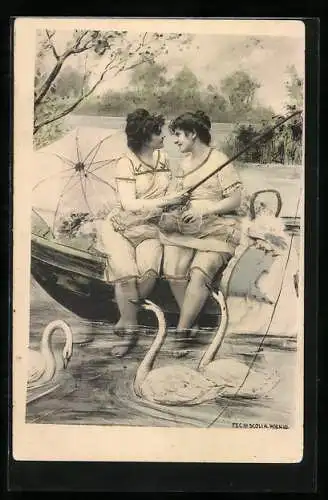Künstler-AK Charles Scolik: Zwei Freundinnen beim Angeln umgeben von Schwänen