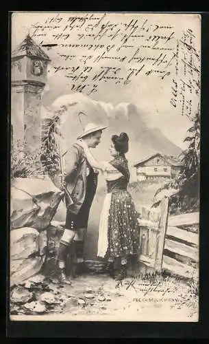 Künstler-AK Charles Scolik: Frau verabschiedet ihren Mann als Jäger