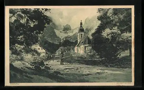 Künstler-AK Edward Harrison Compton: Ramsau, Kirche inmitten von Berglandschaft