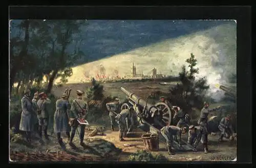 Künstler-AK W. Bürger: Ypern, Soldaten beschiessen die Stadt