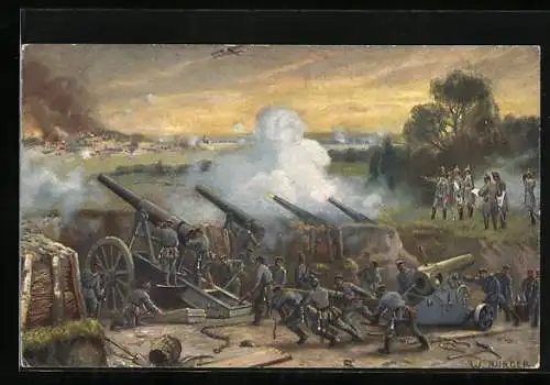 Künstler-AK W. Bürger: Longwy, Artillerie-Geschütze im Kampf, Flugzeug, erobert 26.8.1914