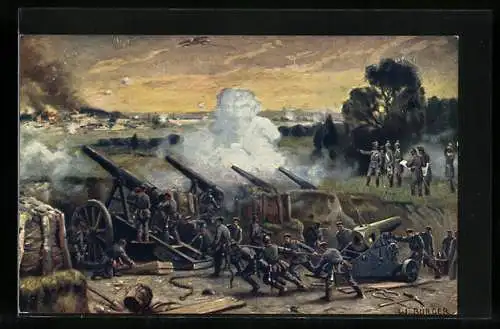 Künstler-AK W. Bürger: Longwy, Artillerie-Geschütze im Kampf, Flugzeug, erobert 26.8.1914