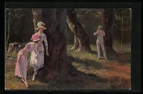 Künstler-AK R. Borrmeister: Heiters Spiel, Frauen verstecken sich vor Mann im Wald