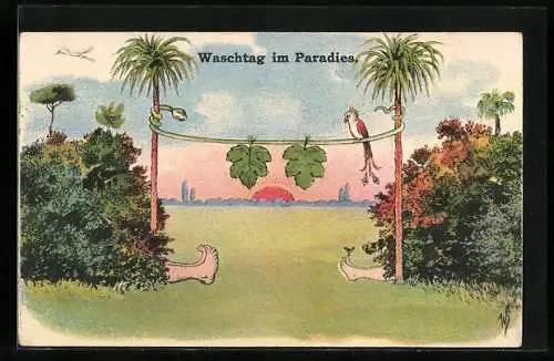 Künstler-AK Willi Scheuermann: Waschtag im Paradies, Feigenblätter von Adam und Eva hängen zum Trocken auf der Leine