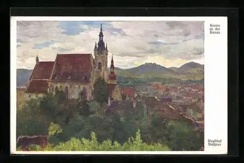 Künstler-AK Siegfried Stoitzner: Krems a. d. Donau, Kirche mit Ortsansicht