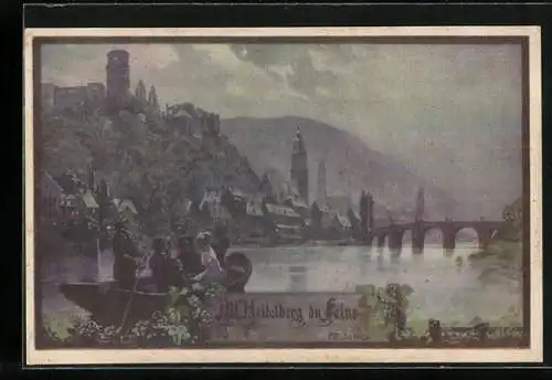Künstler-AK Franz Jung-Ilsenheim: Alt-Heidelberg du Feine, Boot auf dem Neckar, Blick zur Stadt