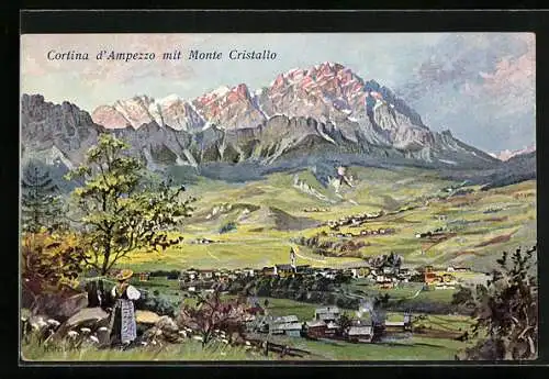 Künstler-AK Cortina d'Ampezzo, Ortsansicht mit Monte Cristallo