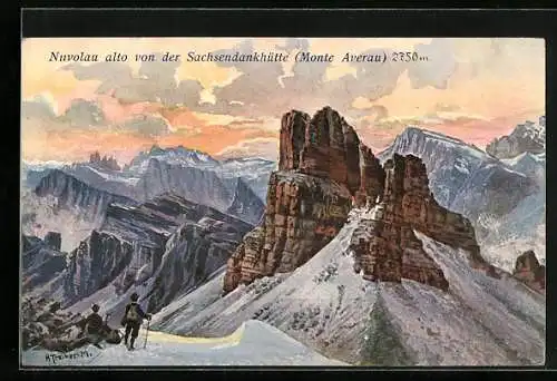 Künstler-AK Hans Treiber: Wanderer blicken im Morgenrot auf die umliegenden Berggipfel