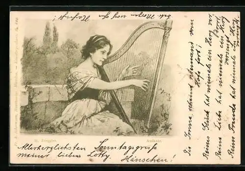 Künstler-AK Hermann Torggler: Frau spielt im Freien die Harfe