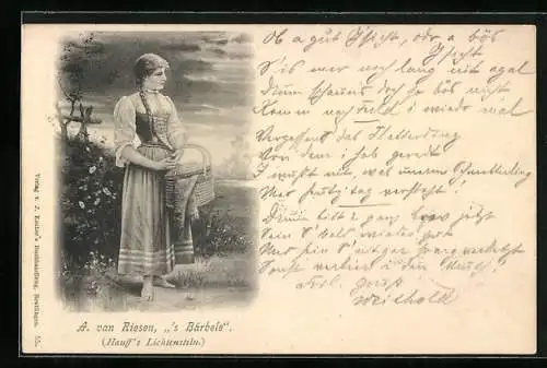 Künstler-AK Arno von Riesen: s` Bärbele mit Picknickkorb