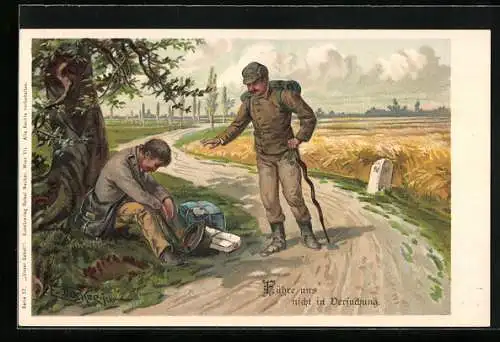 Künstler-AK E. Döcker: Führe uns nicht in Versuchung, Mann am Wegrand schlafend, Wanderer