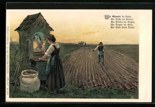 Künstler-Lithographie E. Döcker: Wo Glaube da Liebe..., Bäuerin an Wegstock