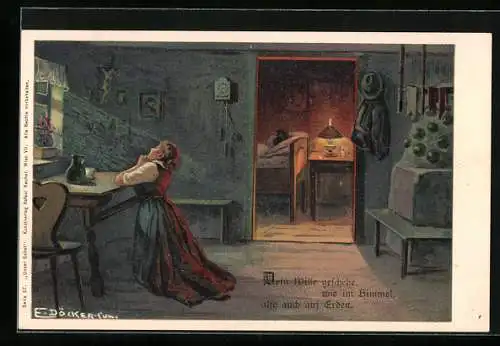 Künstler-AK E. Döcker: Frau betet in nächtlichem Zimmer das Vaterunser