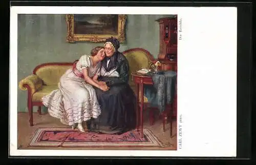 Künstler-AK Carl Zewy: Bei der Grossmutter, Enkelin sitzt mit der Grossmutter auf dem Sofa