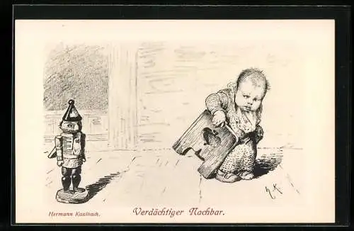 Künstler-AK Hermann Kaulbach: Verdächtiger Nachbar, Bub rückt vom Nussknacker ab