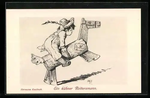 Künstler-AK Hermann Kaulbach: Ein kühner Reitersmann, Junge springt auf das Holzpferd