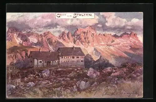 Künstler-AK Edward Theodore Compton: Schlernhaus, Partie im Gebirge