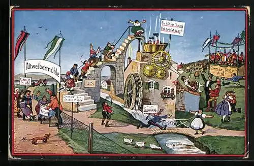 Künstler-AK Hans Boettcher: Menschen klettern Treppe der Altweibermühle hoch