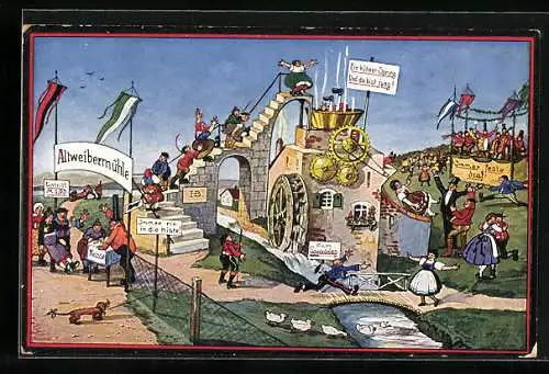 Künstler-AK Hans Boettcher: Menschen klettern Treppe der Altweibermühle hoch