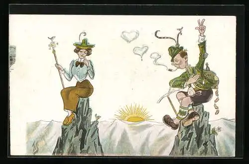 Künstler-AK Willi Scheuermann: Wandererpaar sitzt auf zwei Gipfeln