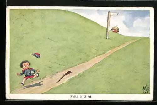 Künstler-AK Willi Scheuermann: Feind in Sicht, Kleiner Soldat wird in die Flucht geschlagen