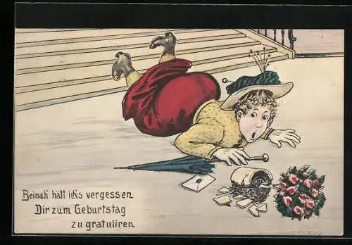 Künstler-AK Willi Scheuermann: Frau mit Geburtstagsblumen stürzt die Treppe herunter