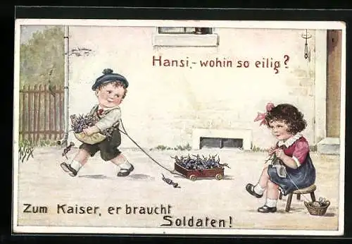 Künstler-AK Willi Scheuermann: Junge bringt dem Kaiser Spielzeugsoldaten