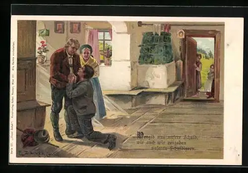 Künstler-AK E. Döcker: Vergib uns unsere Schuld, wie auch wir vergeben unseren Schuldigern, Mann bittet um Verzeihung