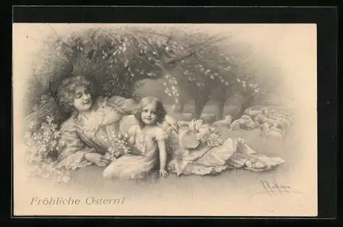 Künstler-AK Wichera, M. Munk Nr. 446: Mutter und Tochter unter einem blühenden Baum