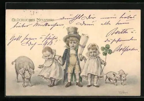 Künstler-AK Wichera: Kleinkinder mit Schweinen und Glücksklee