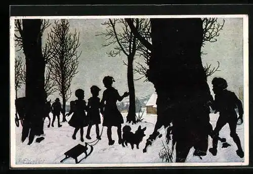 Künstler-AK Rolf Winkler: Winterfreuden, Kinder am Waldrand