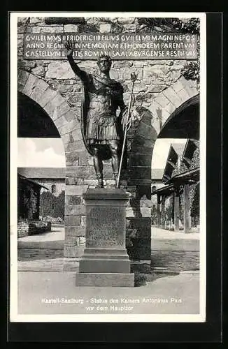 AK Kastell-Saalburg, Statue des Kaisers Antoninus Pius vor dem Haupttor