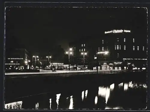 AK Braunschweig, Hotel Monopol am Friedrich-Wilhelm-Platz bei Nacht