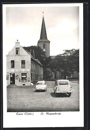 AK Esens /Ostfr., Gemischtwarenladen Gebr. Willms und St. Magnuskirche