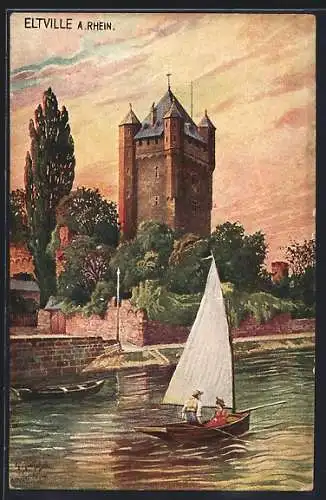 Künstler-AK Eltville a. Rh., Flusspartie mit Segelboot