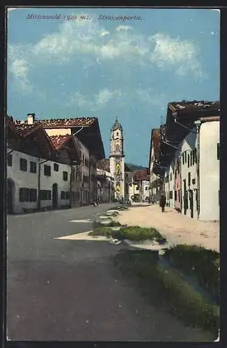 AK Photochromie NR 11150: Mittenwald, Strassenpartie an der Kirche