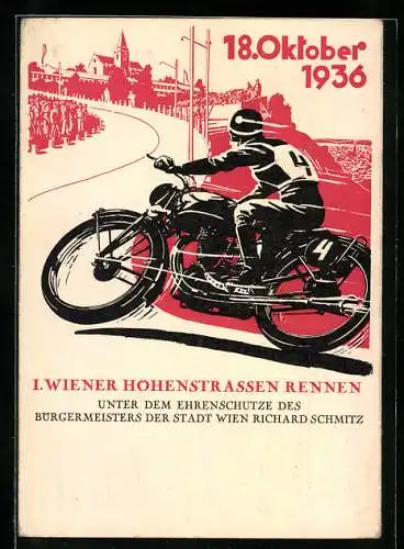 Künstler-AK Wien, 1. Wiener Höhenstrassen Rennen 1936, Motorrad