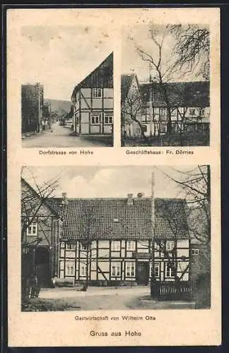 AK Hohe, Gasthaus von Wilhelm Otte, Geschäftshaus von Fr. Dörries, Dorfstrasse
