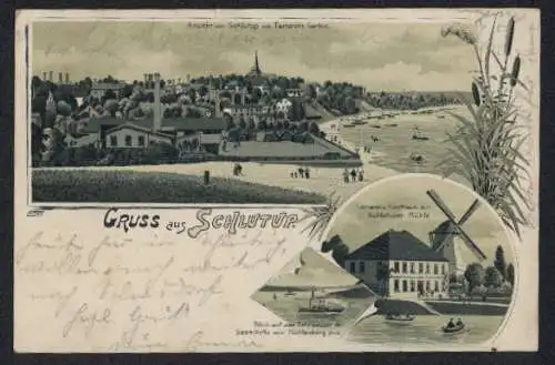 Lithographie Schlutup, Ortsansicht von Tiemanns Garten, Tiemanns Gasthaus zur Schlutuper Mühle