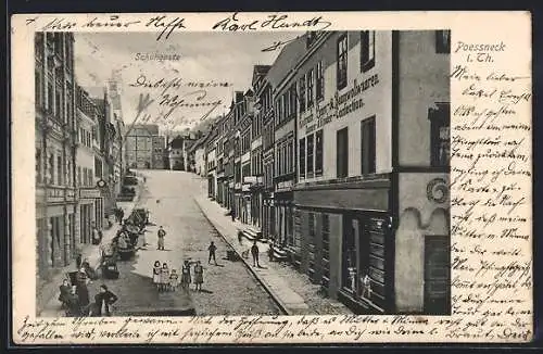 AK Poessneck, Blick in die Schuhgasse mit Leinen- und Baumwollwaarengeschäft