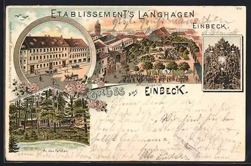 Lithographie Einbeck, Hotel zum Kronprinz v. Fr. Langhagen, Gasthaus Wilhemsgarten