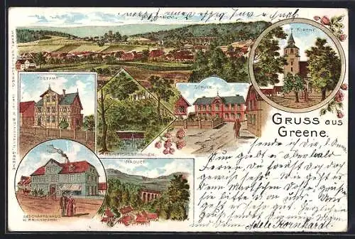 Lithographie Greene, Schule, Postamt, Geschäftshaus Brinkmann, Totalansicht
