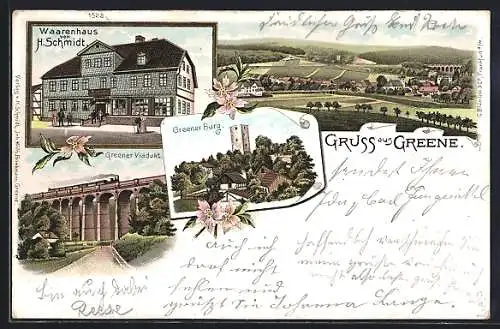 Lithographie Greene, Warenhaus von H. Schmidt, Greener Viadukt, Greener Burg
