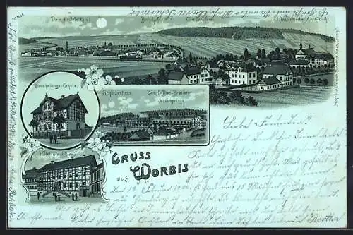 Mondschein-Lithographie Worbis, Hotel Stadt Bremen, Gasthaus Schützenhaus, Dampf-Bier-Brauerei und Neunspringe