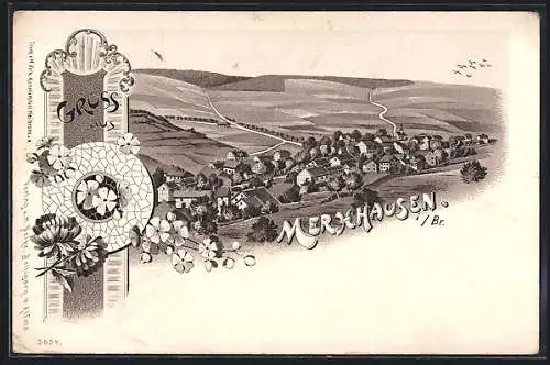 Lithographie Merxhausen i. Br., Teilansicht mit Kirche