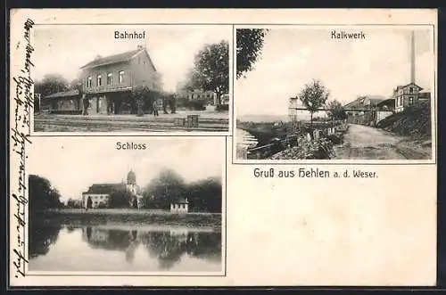 AK Hehlen a. d. Weser, Kalkwerk, Schloss und Bahnhof