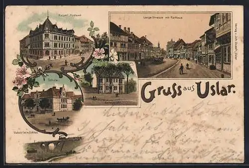 Lithographie Uslar, Amtsgericht, Kaiserliches Postamt, Schule
