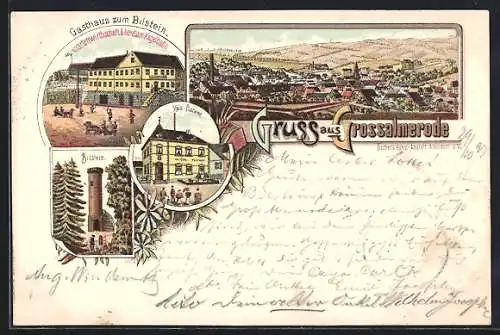 Lithographie Grossalmerode, Gasthaus zum Bilstein, Kais. Postamt, Aussichtsturm Bilstein