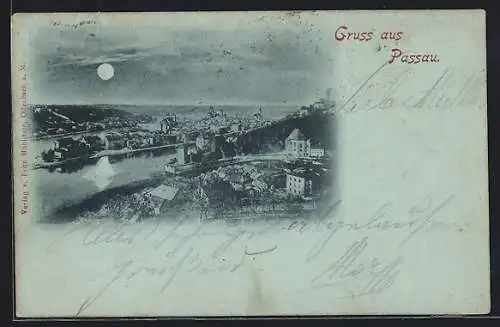 Mondschein-AK Passau, Ortsansicht aus der Vogelschau